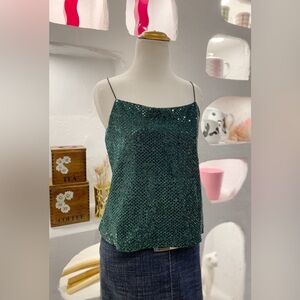 Vintage 90s Y2K Dark Green Sparkly Sequin Spaghetti Strap Going Out Tank Top